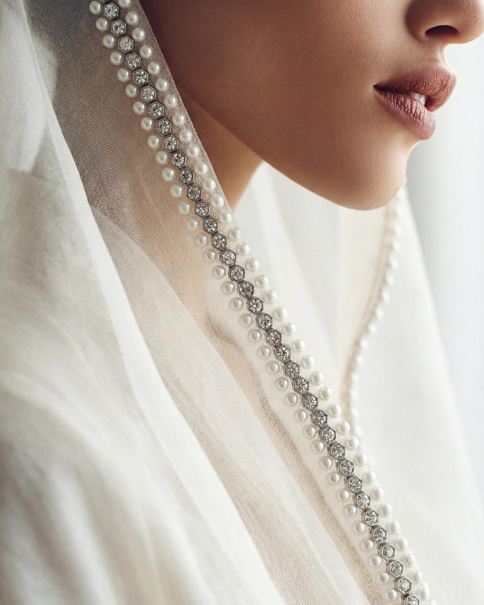 Rhinestone Pearl Beaded Trim by the Yard, Center Crystal Chain Trim with Beaded Edges, Bridal Designer Sewing Trim, Self Adhesive Option - Faraj Beading
