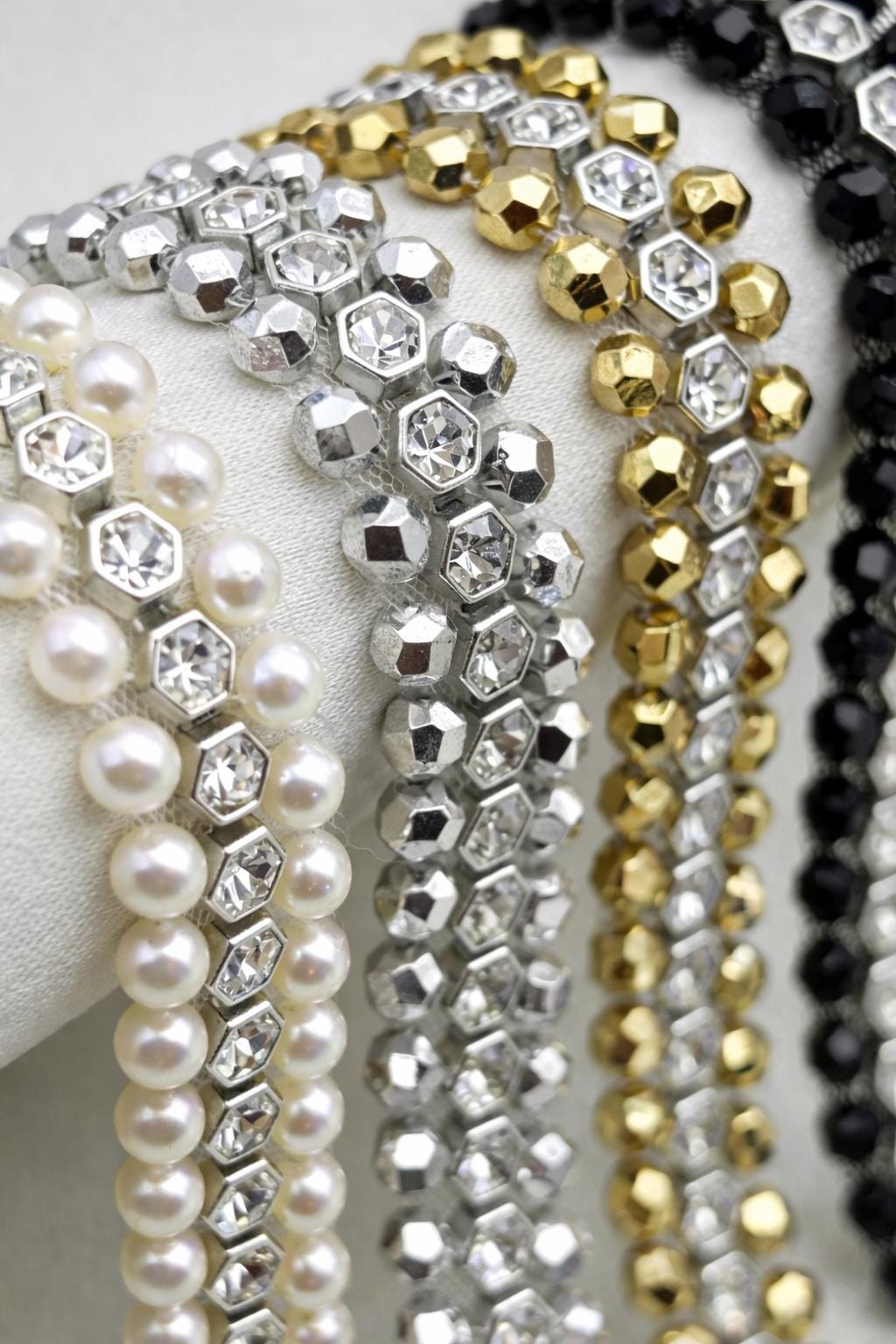 Rhinestone Pearl Beaded Trim by the Yard, Center Crystal Chain Trim with Beaded Edges, Bridal Designer Sewing Trim, Self Adhesive Option - Faraj Beading