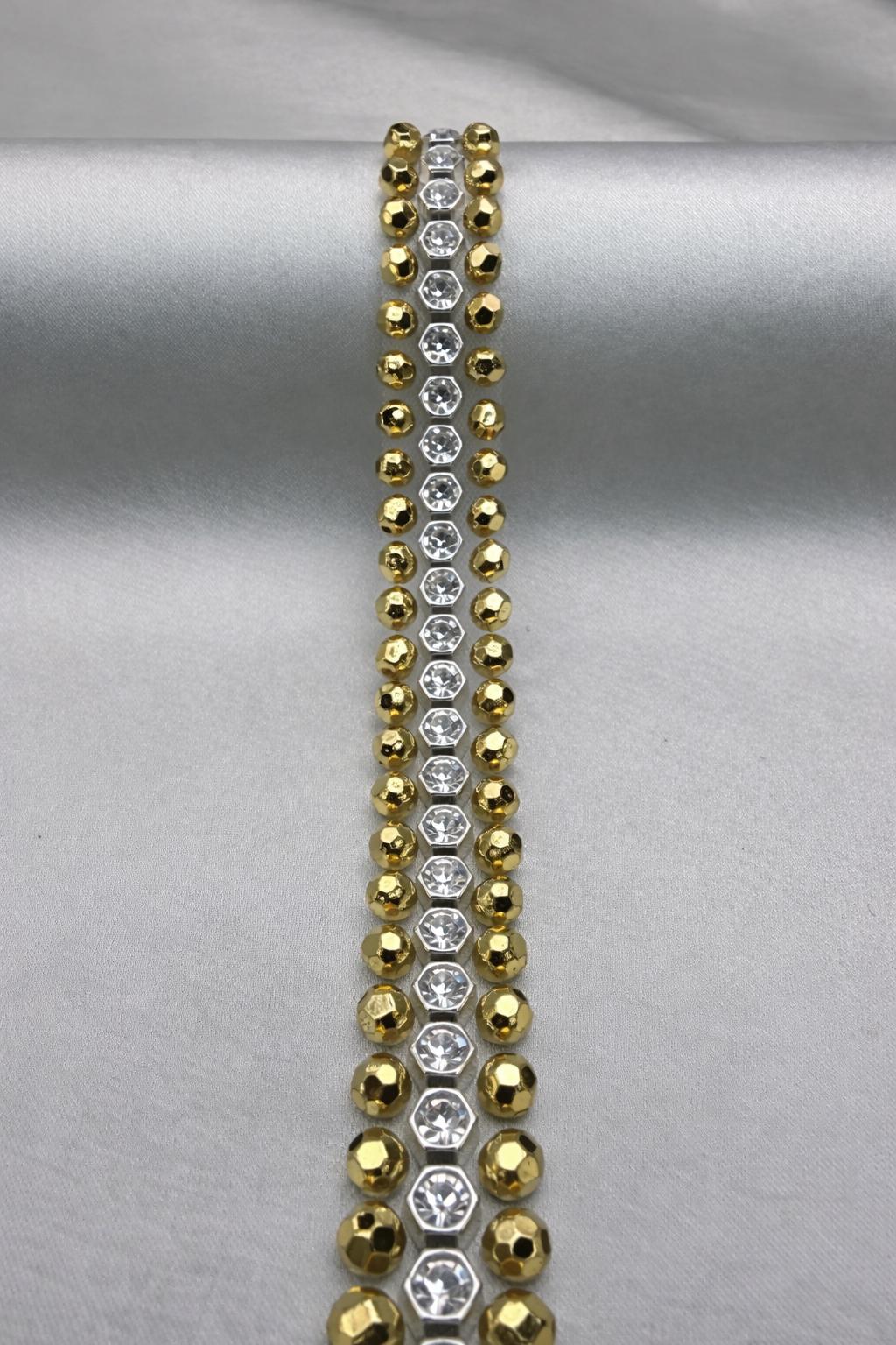 Rhinestone Pearl Beaded Trim by the Yard, Center Crystal Chain Trim with Beaded Edges, Bridal Designer Sewing Trim, Self Adhesive Option - Faraj Beading