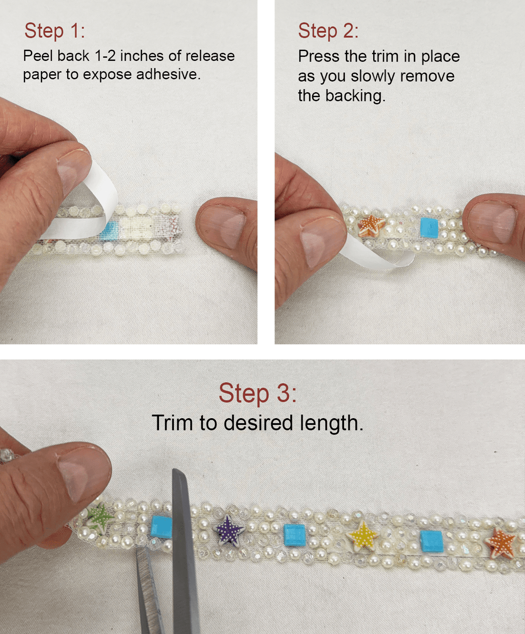 Self Adhesive beach Pearl Beaded Trim, Peel and Stick Lace Trim, DIY Embellishment Trim, No Sew Trim, Craft & Garment Decoration Made in USA - Faraj Beading