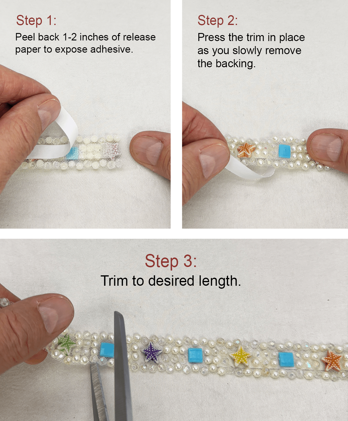 Self Adhesive beach Pearl Beaded Trim, Peel and Stick Lace Trim, DIY Embellishment Trim, No Sew Trim, Craft & Garment Decoration Made in USA - Faraj Beading