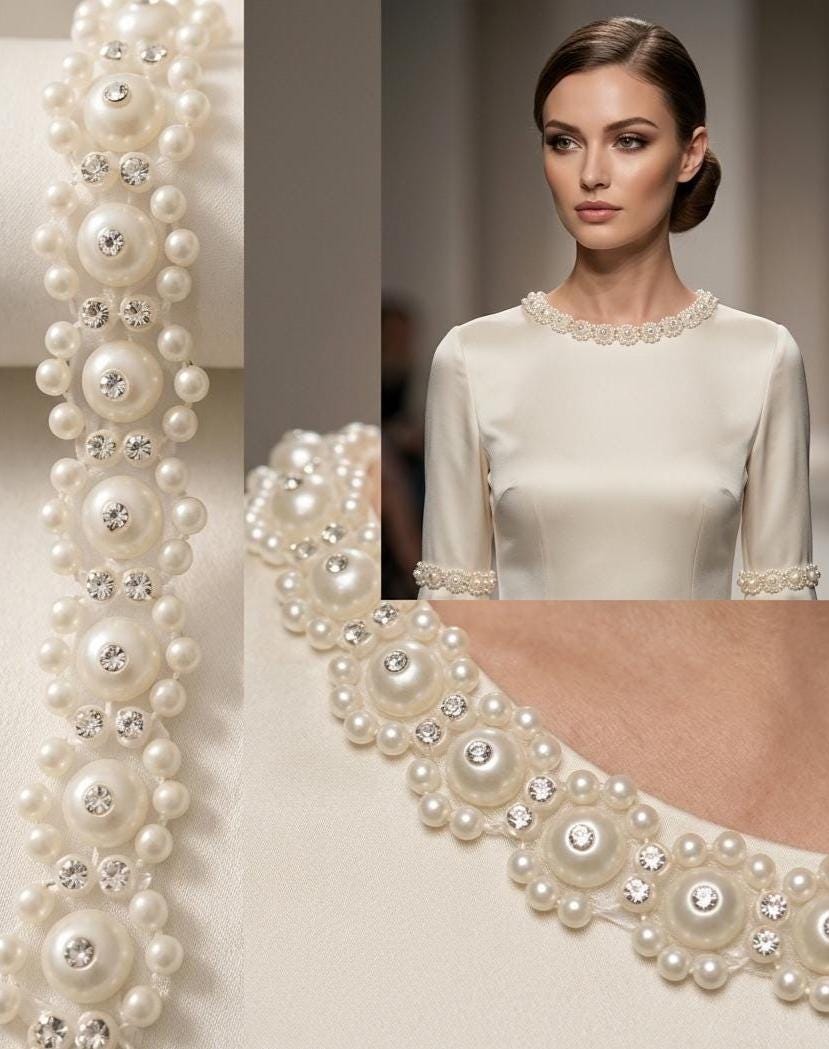 Self Adhesive Pearl Rhinestone Trim – Beaded Trim, DIY Clothing Embellishment, Bridal Applique, Crystal Trim, Made in USA - Faraj Beading