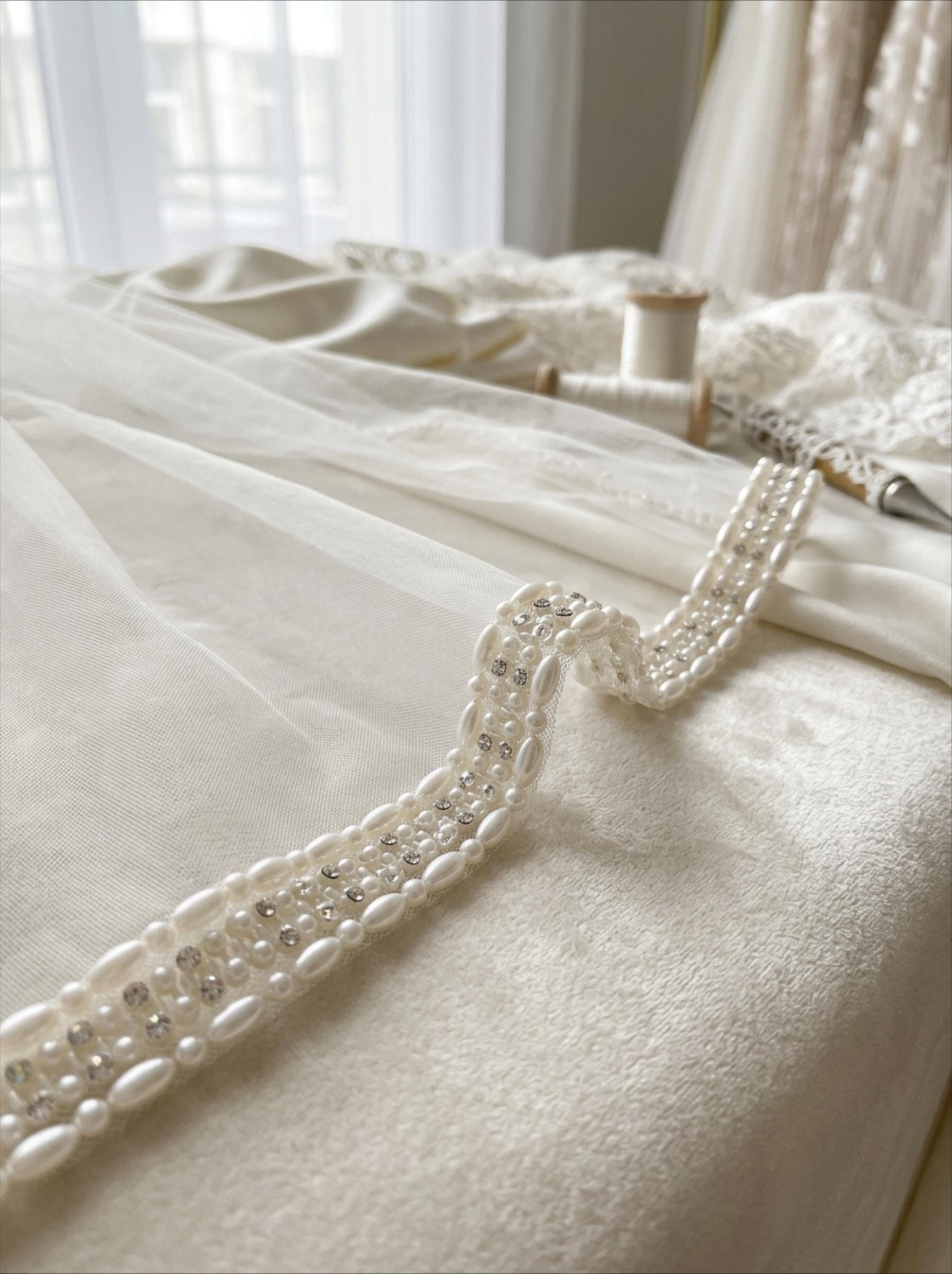 Silver Pearl Rhinestone Trim – Wide Beaded Trim, Bridal Wedding Embellishment, Crystal Trim, Self Adhesive or Sew On, 1” Seam Allowance - Faraj Beading