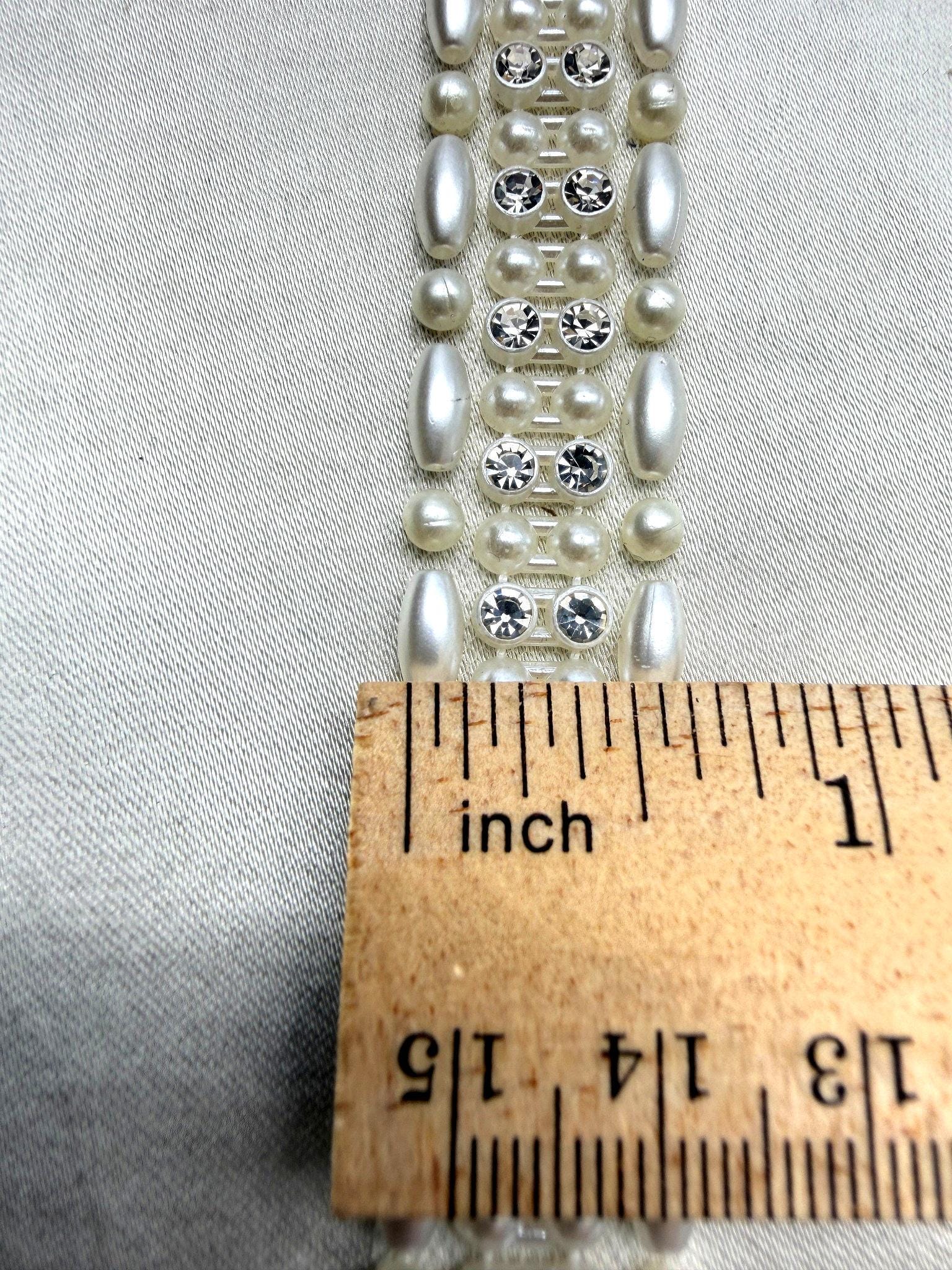 Silver Pearl Rhinestone Trim – Wide Beaded Trim, Bridal Wedding Embellishment, Crystal Trim, Self Adhesive or Sew On, 1” Seam Allowance - Faraj Beading