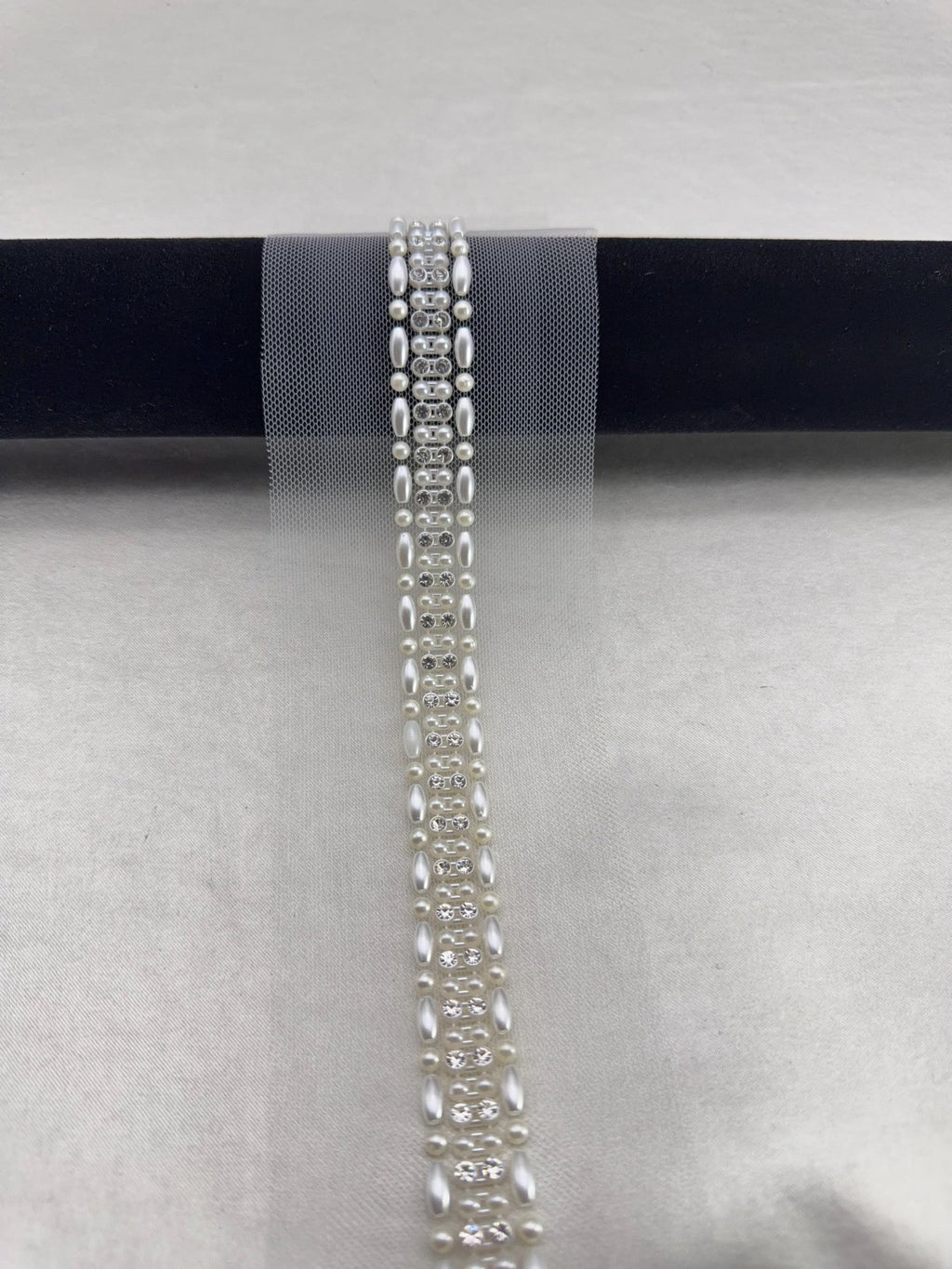 Silver Pearl Rhinestone Trim – Wide Beaded Trim, Bridal Wedding Embellishment, Crystal Trim, Self Adhesive or Sew On, 1” Seam Allowance - Faraj Beading