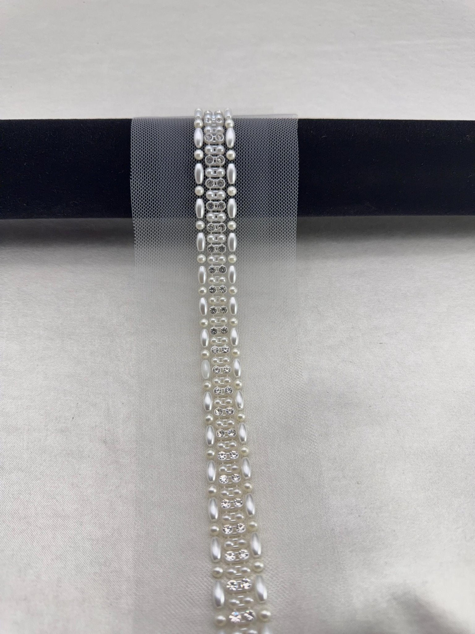 Silver Pearl Rhinestone Trim – Wide Beaded Trim, Bridal Wedding Embellishment, Crystal Trim, Self Adhesive or Sew On, 1” Seam Allowance - Faraj Beading