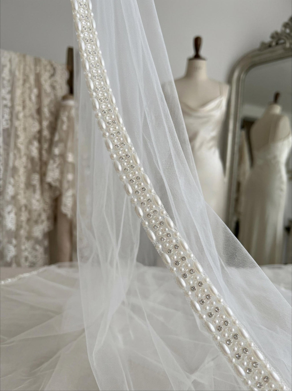 Silver Pearl Rhinestone Trim – Wide Beaded Trim, Bridal Wedding Embellishment, Crystal Trim, Self Adhesive or Sew On, 1” Seam Allowance - Faraj Beading