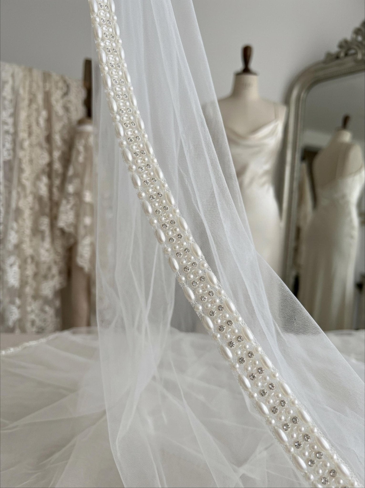 Silver Pearl Rhinestone Trim – Wide Beaded Trim, Bridal Wedding Embellishment, Crystal Trim, Self Adhesive or Sew On, 1” Seam Allowance - Faraj Beading