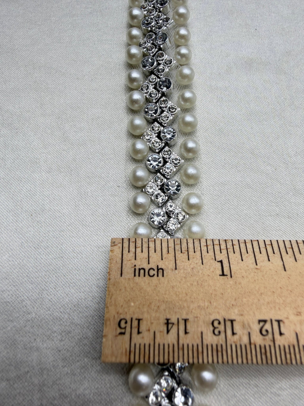 Silver Rhinestone & Ivory Pearl Beaded Trim – Self Adhesive or Sew - On Seam Allowance – Bridal Crystal Trim for Dress, Collar, Belt - Faraj Beading
