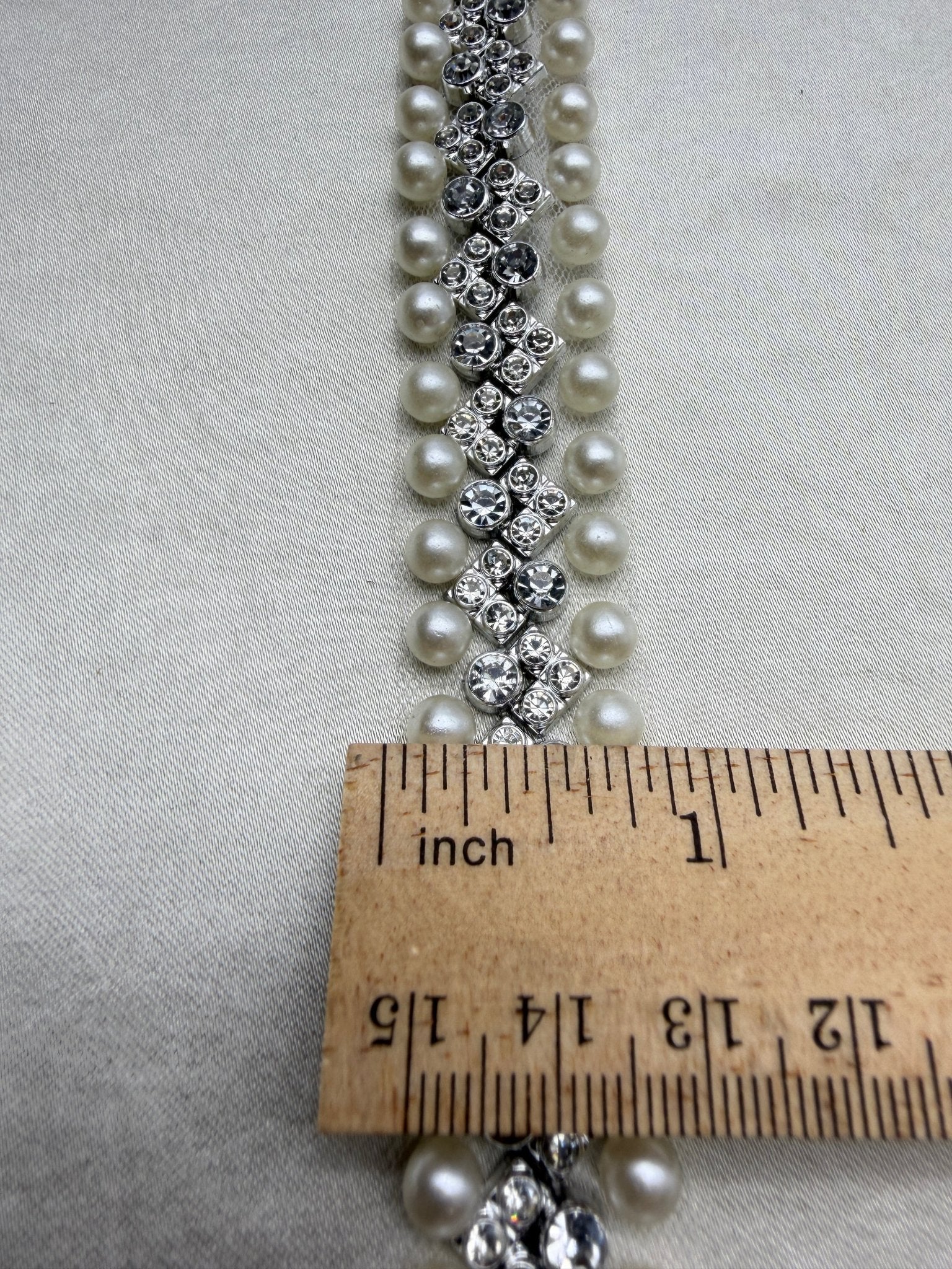 Silver Rhinestone & Ivory Pearl Beaded Trim – Self Adhesive or Sew - On Seam Allowance – Bridal Crystal Trim for Dress, Collar, Belt - Faraj Beading