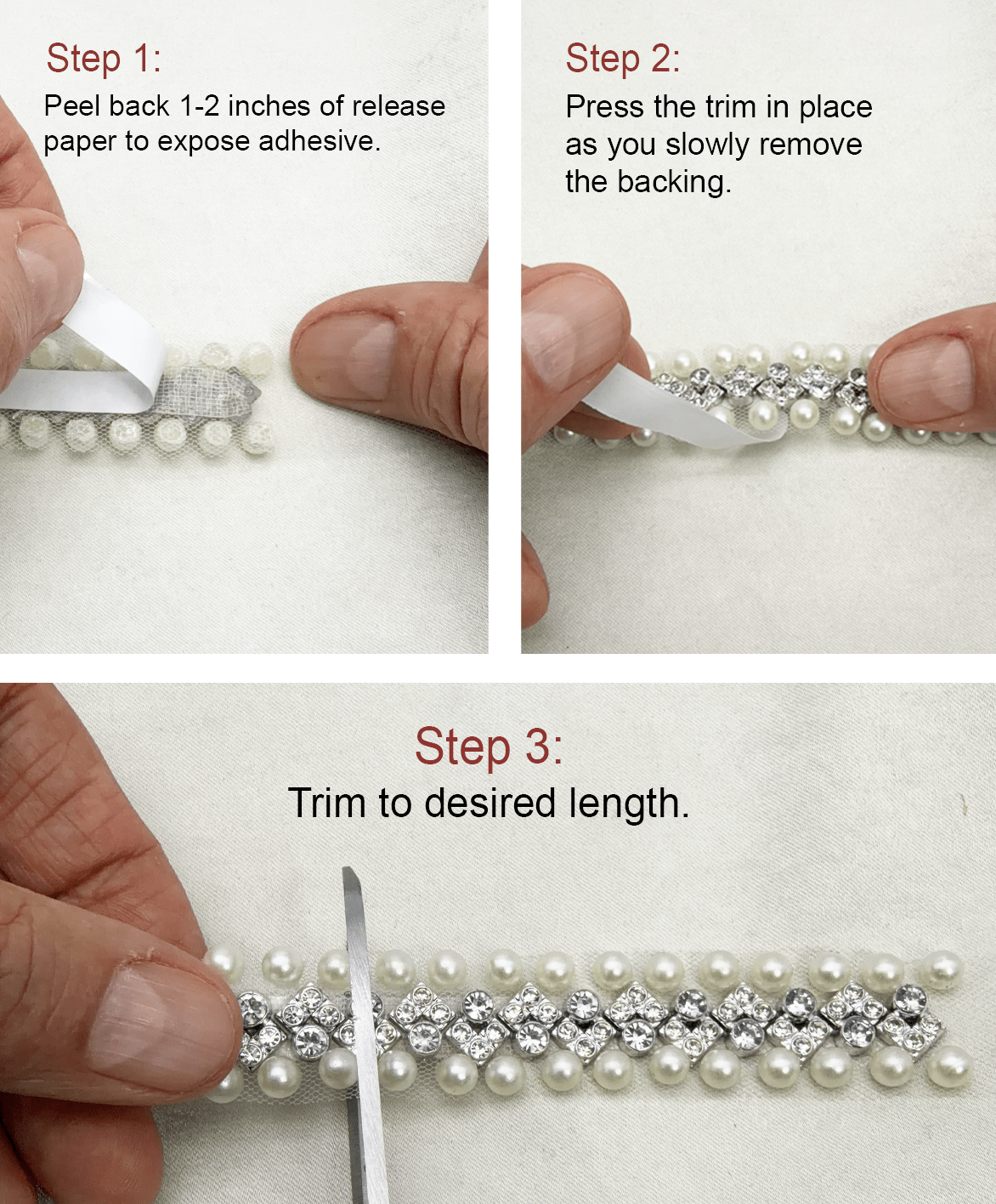 Silver Rhinestone & Ivory Pearl Beaded Trim – Self Adhesive or Sew - On Seam Allowance – Bridal Crystal Trim for Dress, Collar, Belt - Faraj Beading