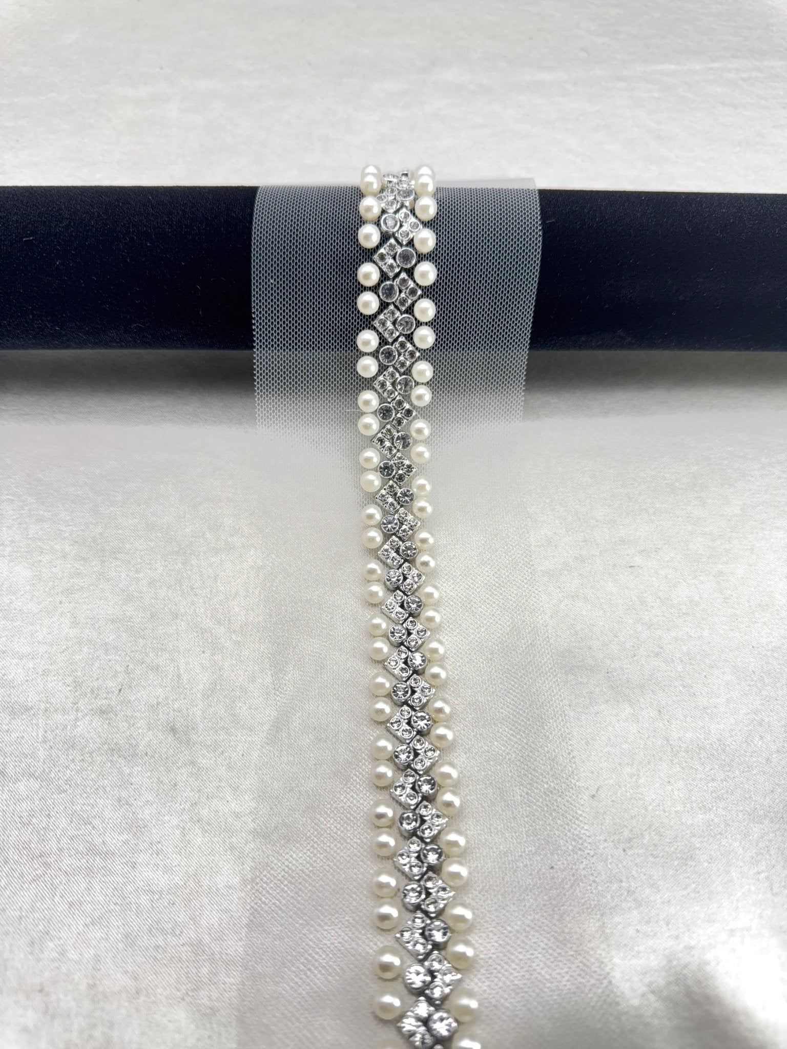 Silver Rhinestone & Ivory Pearl Beaded Trim – Self Adhesive or Sew - On Seam Allowance – Bridal Crystal Trim for Dress, Collar, Belt - Faraj Beading