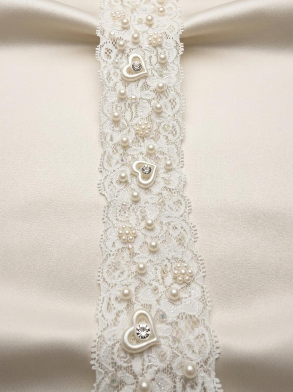 Stretch Beaded Lace Trim, Elastic Pearl Lace Trim with Heart Detail, Bridal Stretch Trim, Wedding Dress Trim, Sewing Trim by the Yard - Faraj Beading