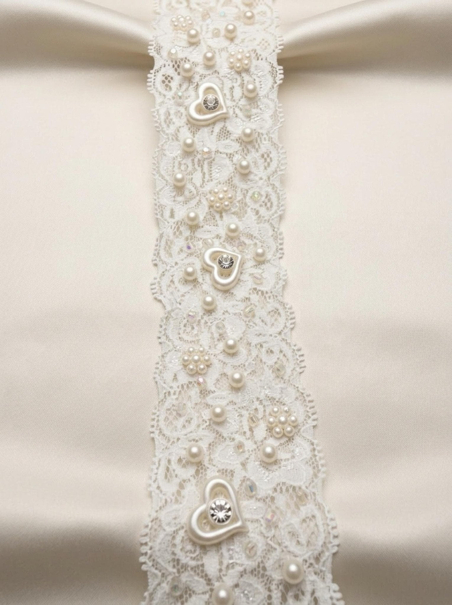 Stretch Beaded Lace Trim, Elastic Pearl Lace Trim with Heart Detail, Bridal Stretch Trim, Wedding Dress Trim, Sewing Trim by the Yard - Faraj Beading