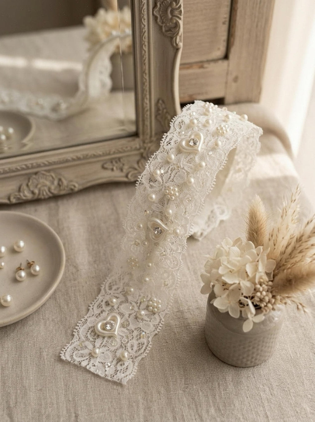 Stretch Beaded Lace Trim, Elastic Pearl Lace Trim with Heart Detail, Bridal Stretch Trim, Wedding Dress Trim, Sewing Trim by the Yard - Faraj Beading