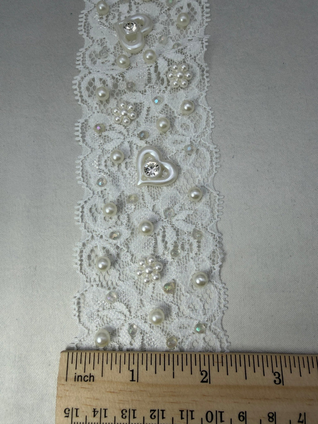 Stretch Beaded Lace Trim, Elastic Pearl Lace Trim with Heart Detail, Bridal Stretch Trim, Wedding Dress Trim, Sewing Trim by the Yard - Faraj Beading