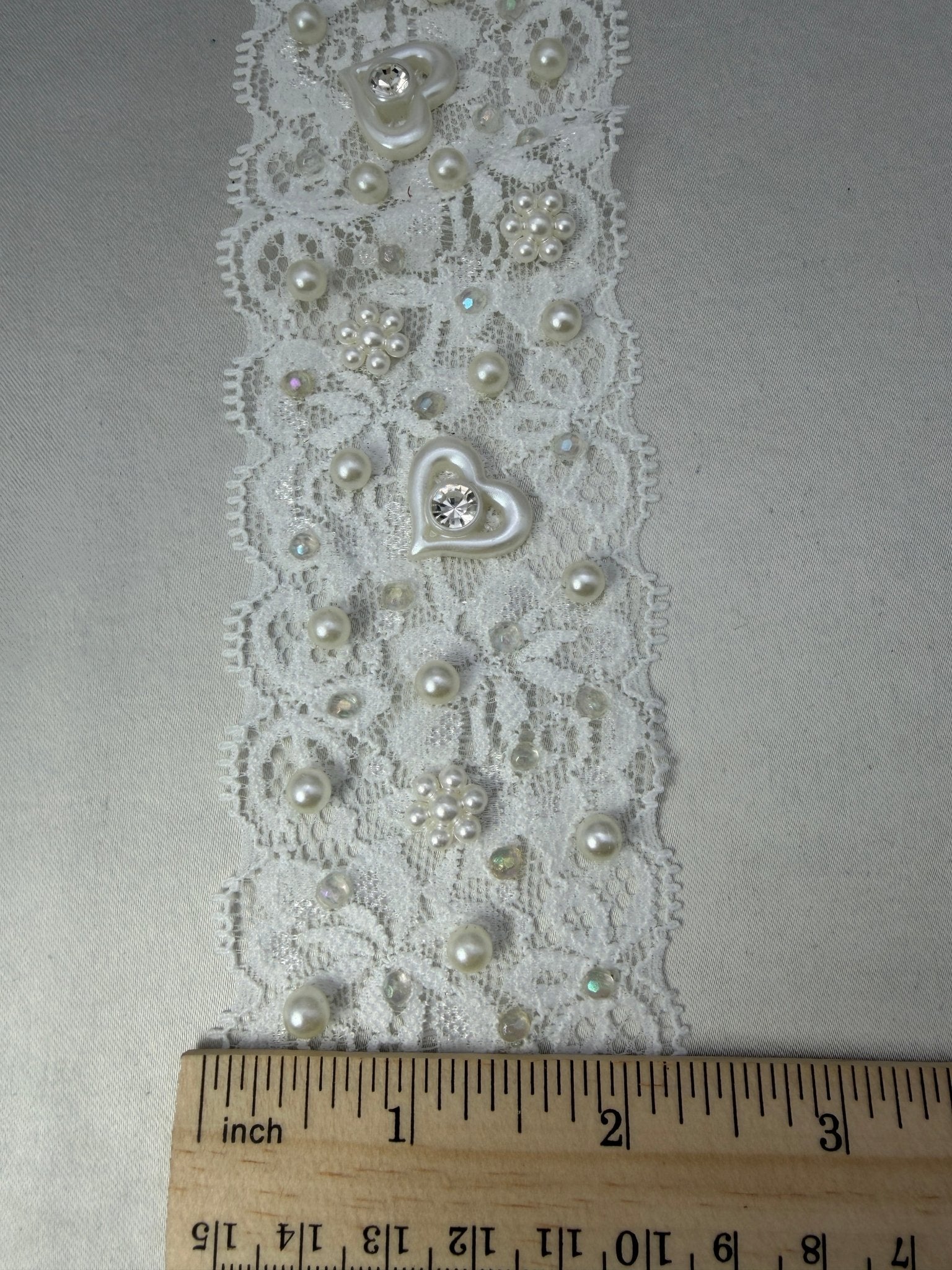Stretch Beaded Lace Trim, Elastic Pearl Lace Trim with Heart Detail, Bridal Stretch Trim, Wedding Dress Trim, Sewing Trim by the Yard - Faraj Beading