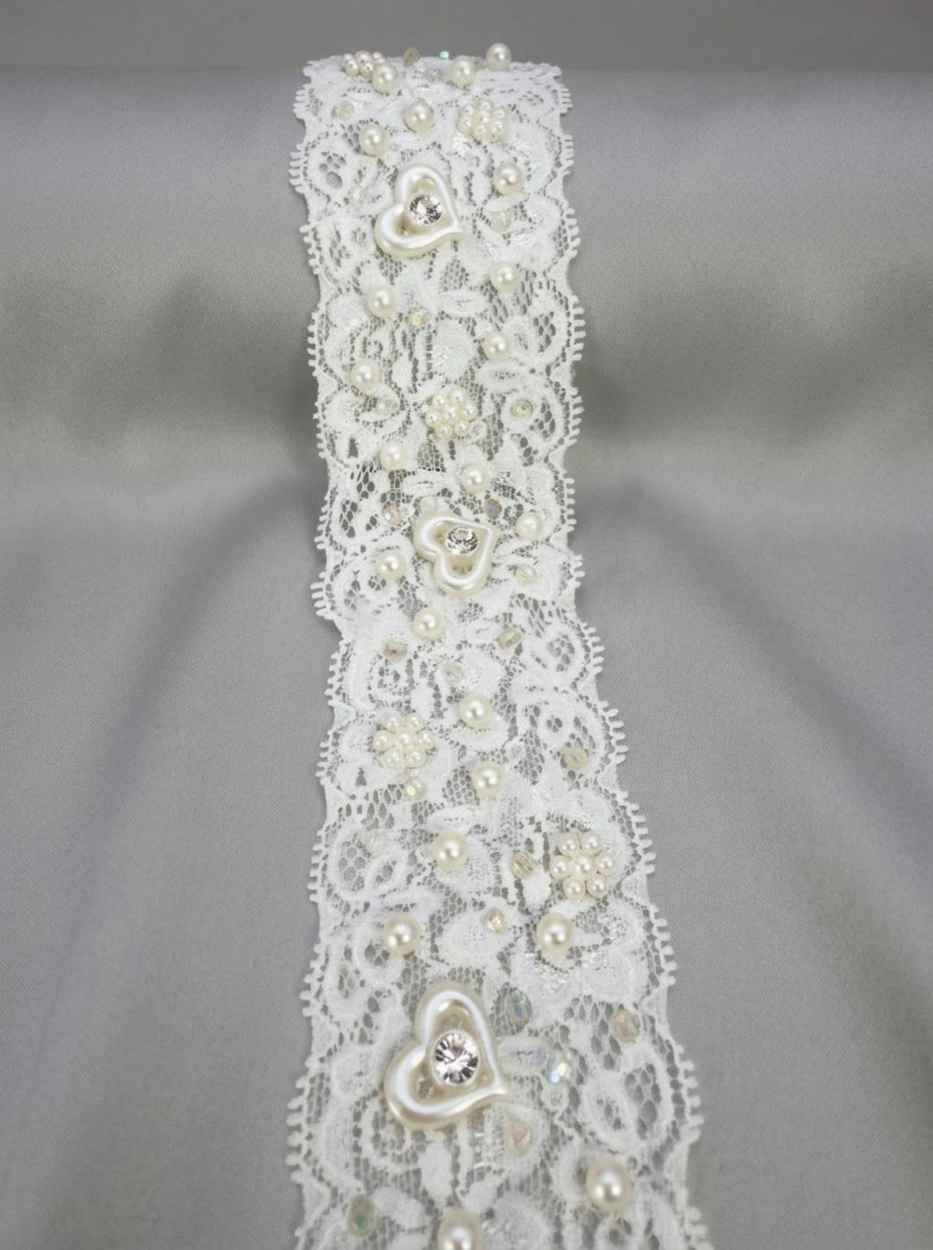 Stretch Beaded Lace Trim, Elastic Pearl Lace Trim with Heart Detail, Bridal Stretch Trim, Wedding Dress Trim, Sewing Trim by the Yard - Faraj Beading
