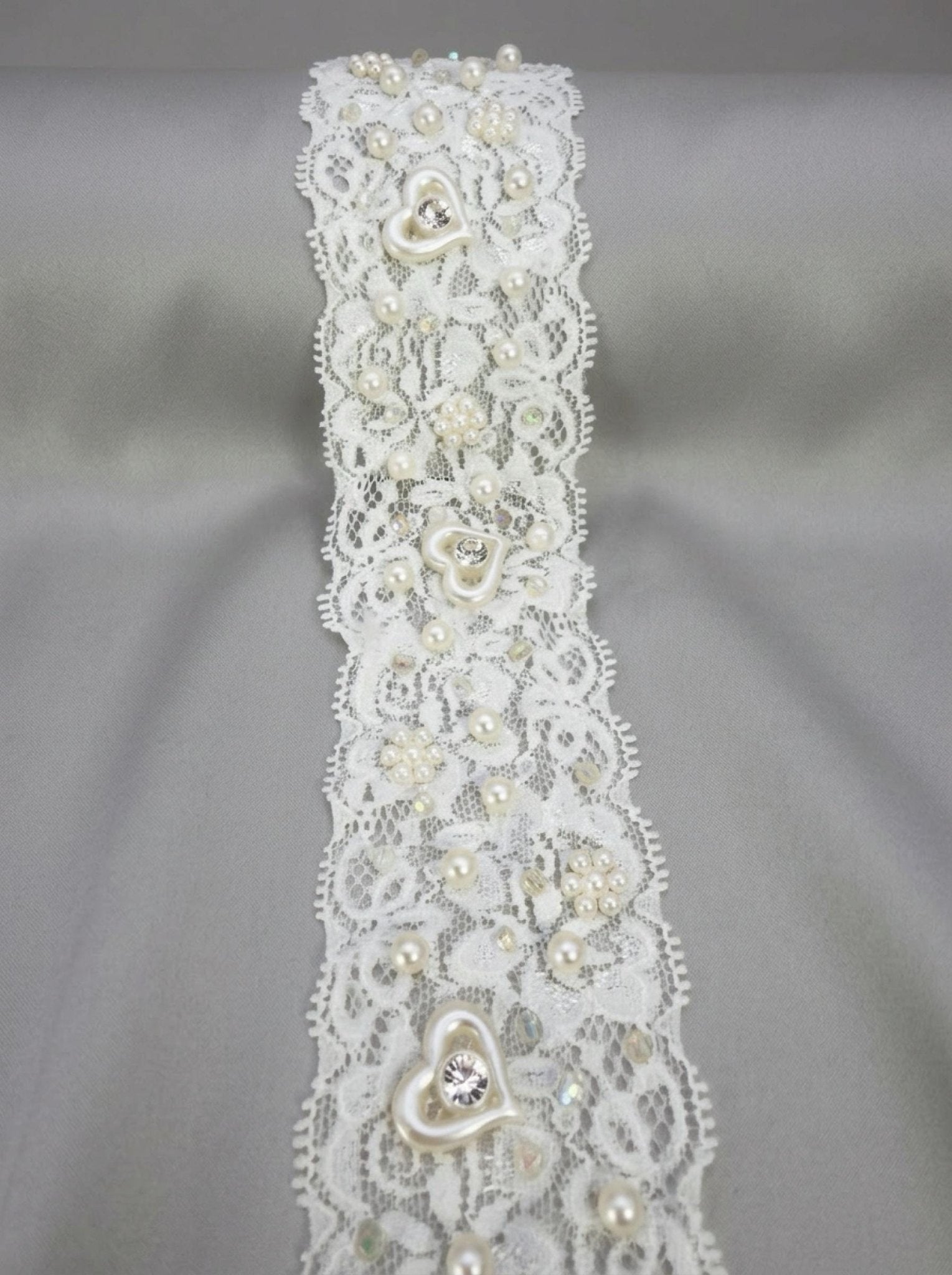 Stretch Beaded Lace Trim, Elastic Pearl Lace Trim with Heart Detail, Bridal Stretch Trim, Wedding Dress Trim, Sewing Trim by the Yard - Faraj Beading