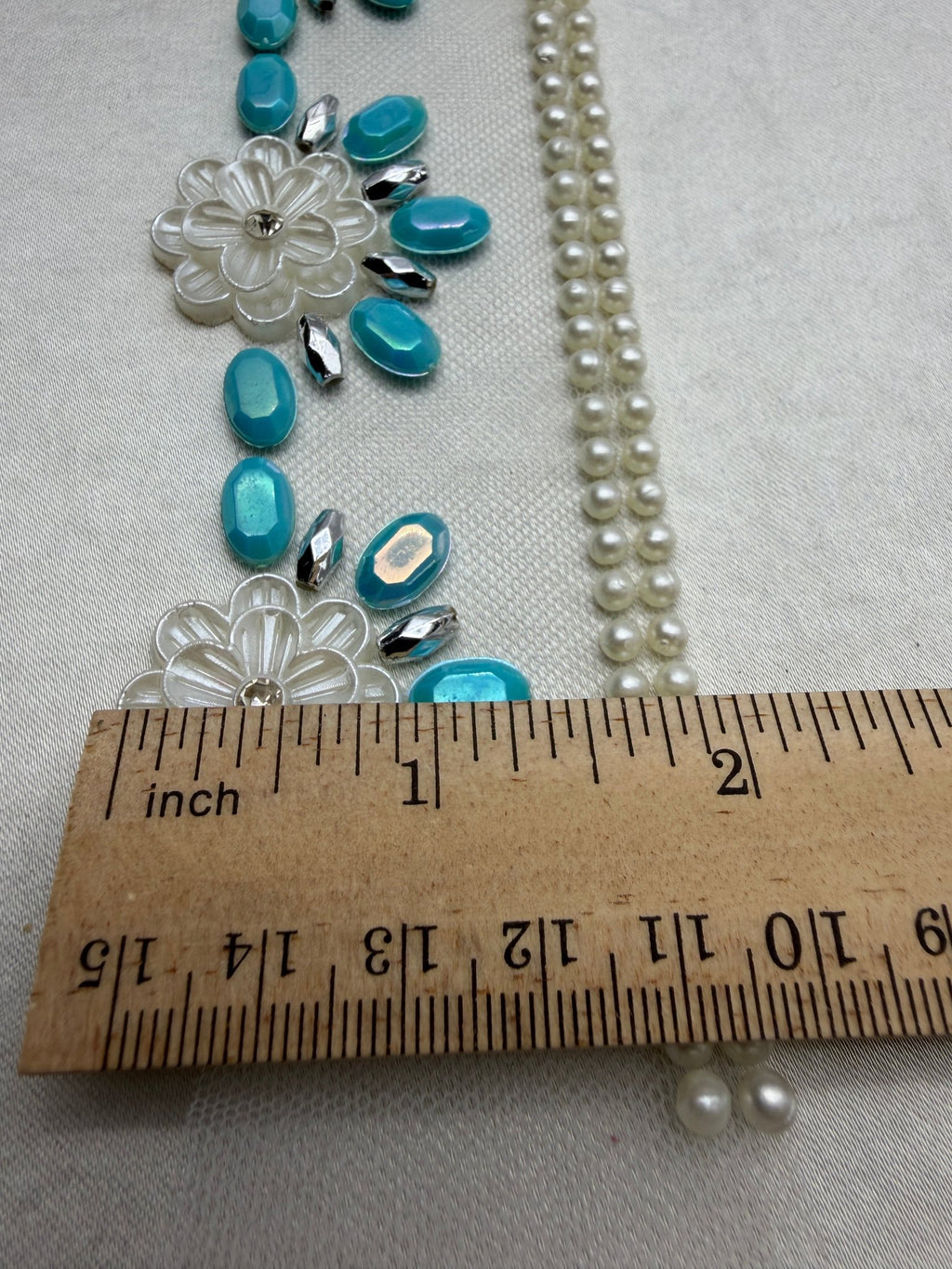 Turquoise Floral Beaded Trim – Pearl Flower Rhinestone Applique – Self Adhesive or Sew - On Seam Allowance – DIY Craft Embellishment - Faraj Beading