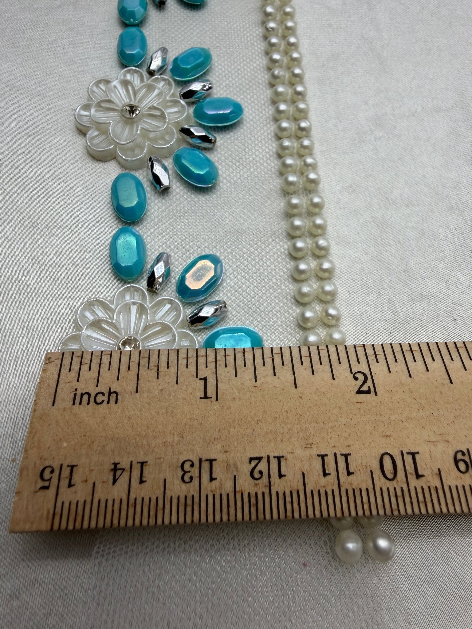 Turquoise Floral Beaded Trim – Pearl Flower Rhinestone Applique – Self Adhesive or Sew - On Seam Allowance – DIY Craft Embellishment - Faraj Beading
