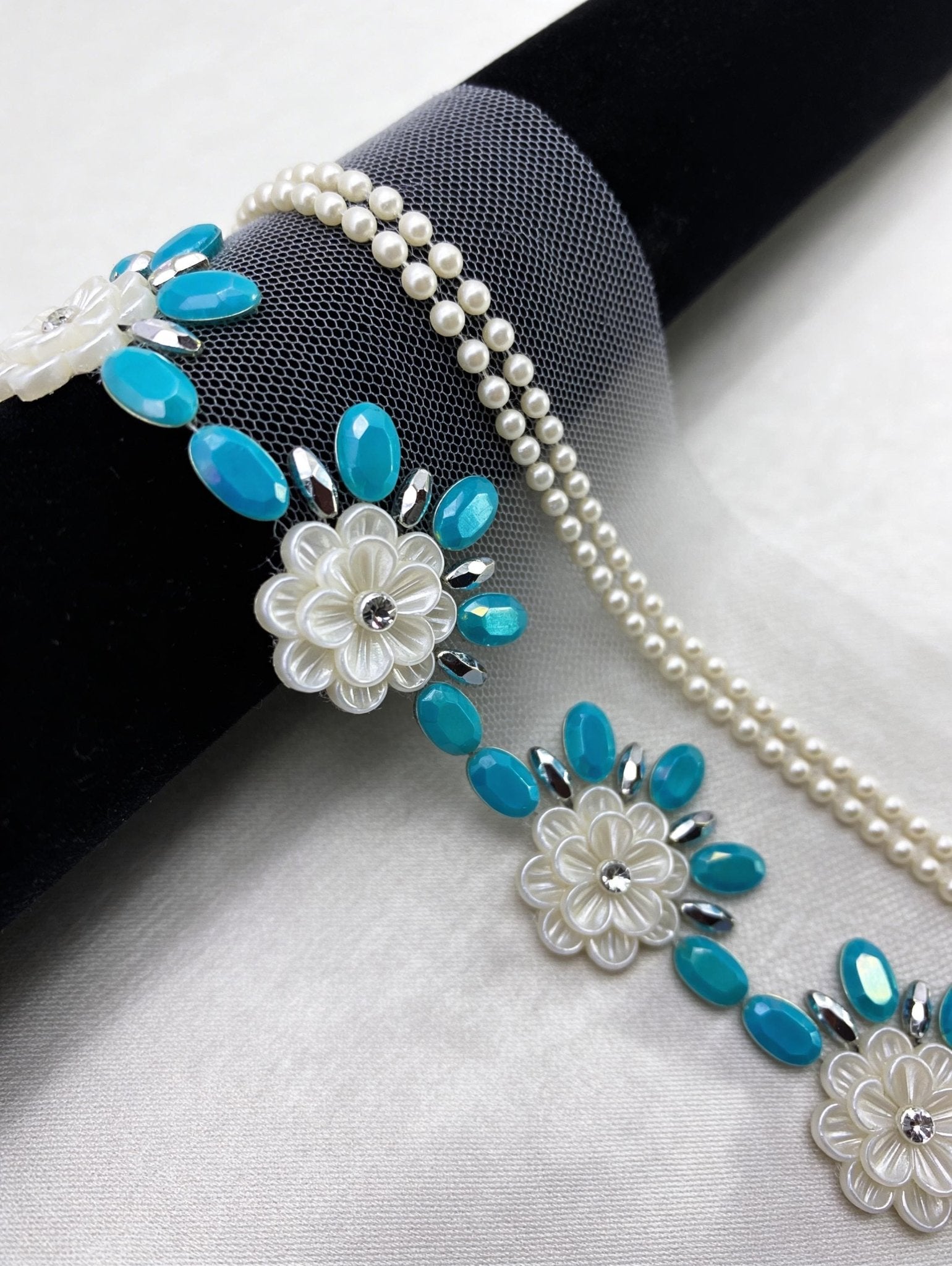 Turquoise Floral Beaded Trim – Pearl Flower Rhinestone Applique – Self Adhesive or Sew - On Seam Allowance – DIY Craft Embellishment - Faraj Beading