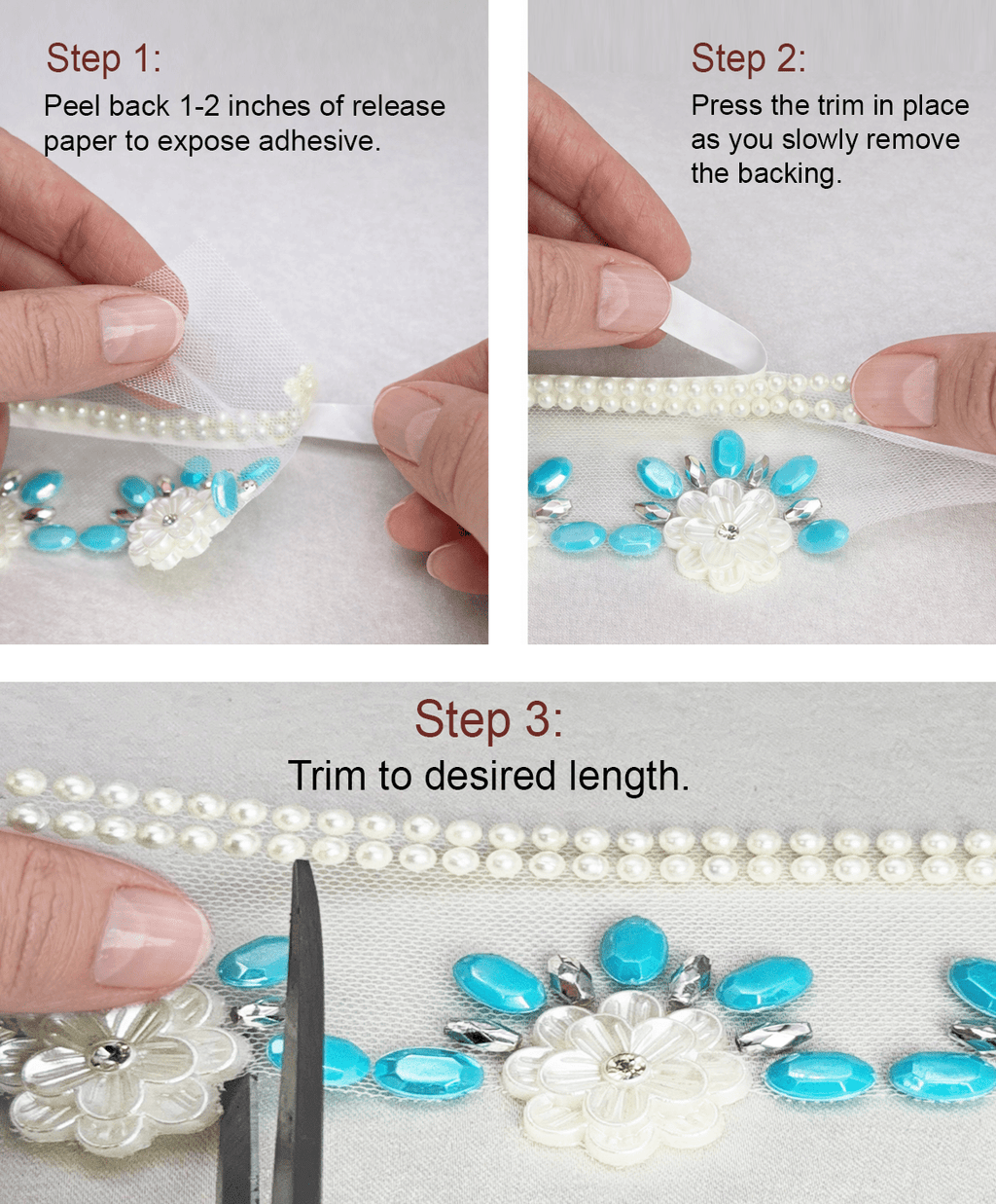 Turquoise Floral Beaded Trim – Pearl Flower Rhinestone Applique – Self Adhesive or Sew - On Seam Allowance – DIY Craft Embellishment - Faraj Beading