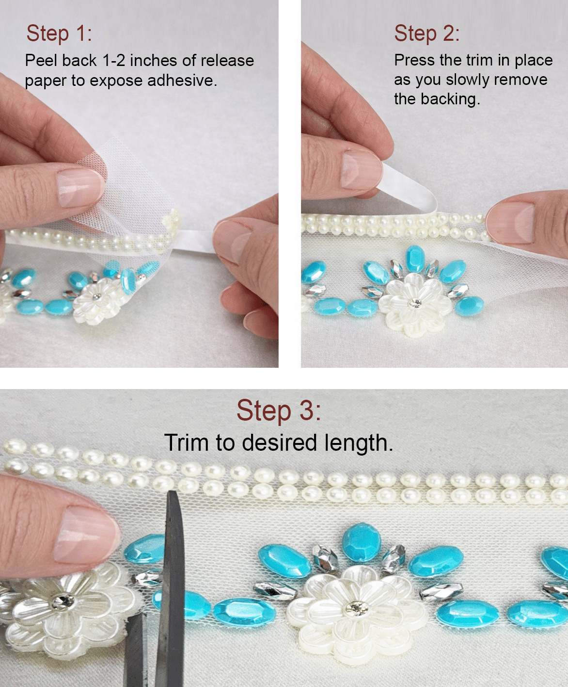 Turquoise Floral Beaded Trim – Pearl Flower Rhinestone Applique – Self Adhesive or Sew - On Seam Allowance – DIY Craft Embellishment - Faraj Beading