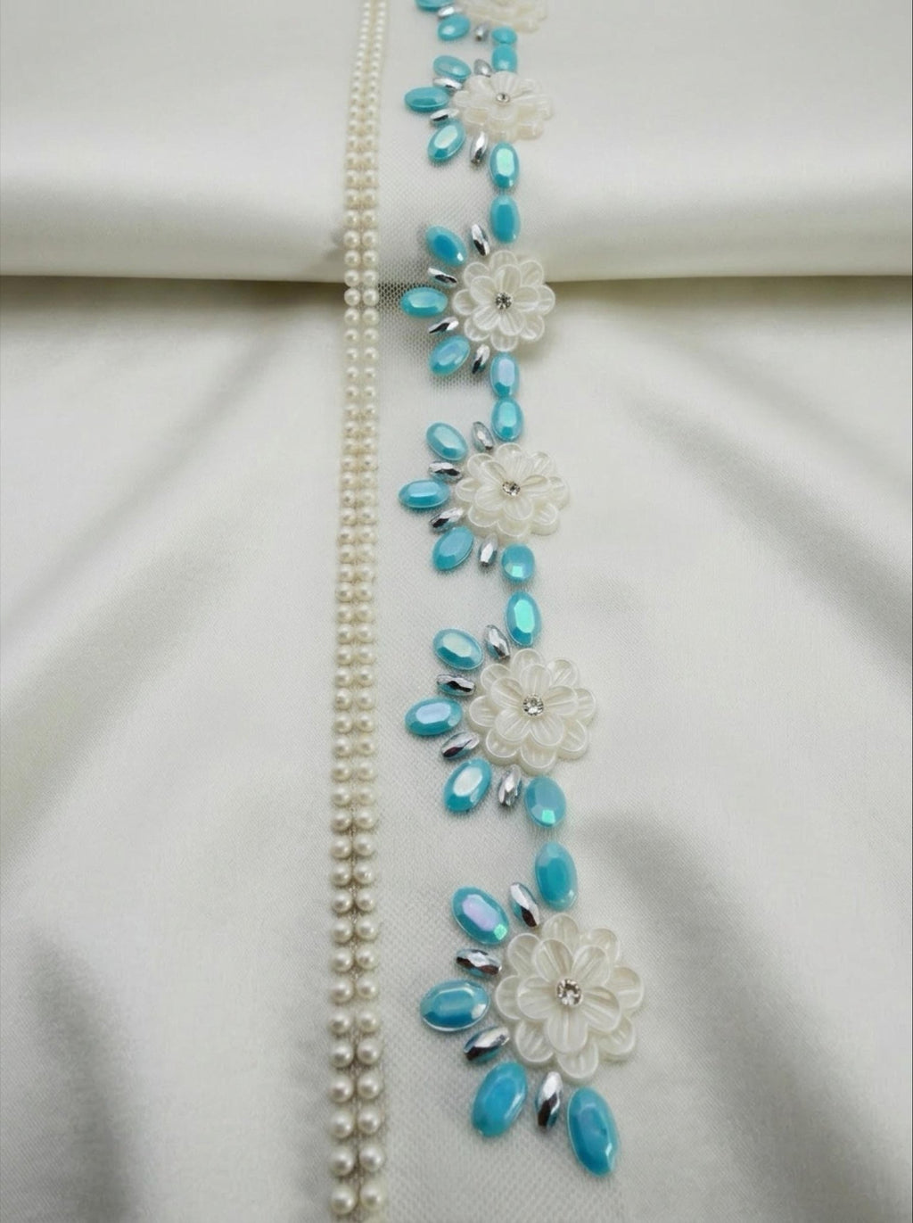 Turquoise Floral Beaded Trim – Pearl Flower Rhinestone Applique – Self Adhesive or Sew - On Seam Allowance – DIY Craft Embellishment - Faraj Beading