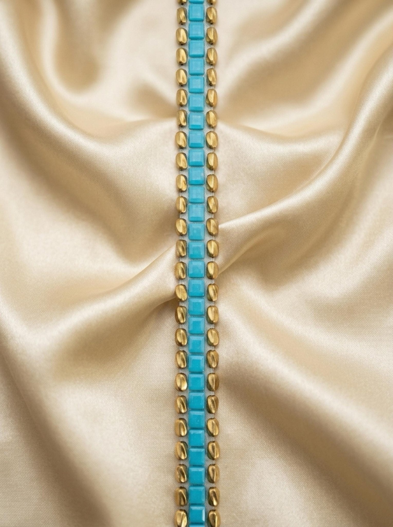Turquoise Gold Beaded Trim by the Yard, Boho Rhinestone Embellishment, Designer Sewing Trim for Clothing, Bags, Accessories - Made in USA - Faraj Beading