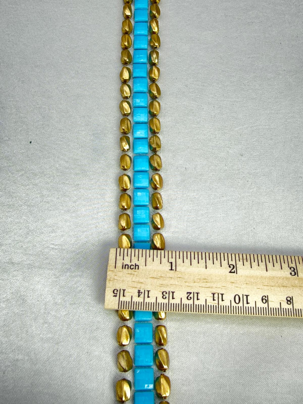 Turquoise Gold Beaded Trim by the Yard, Boho Rhinestone Embellishment, Designer Sewing Trim for Clothing, Bags, Accessories - Made in USA - Faraj Beading