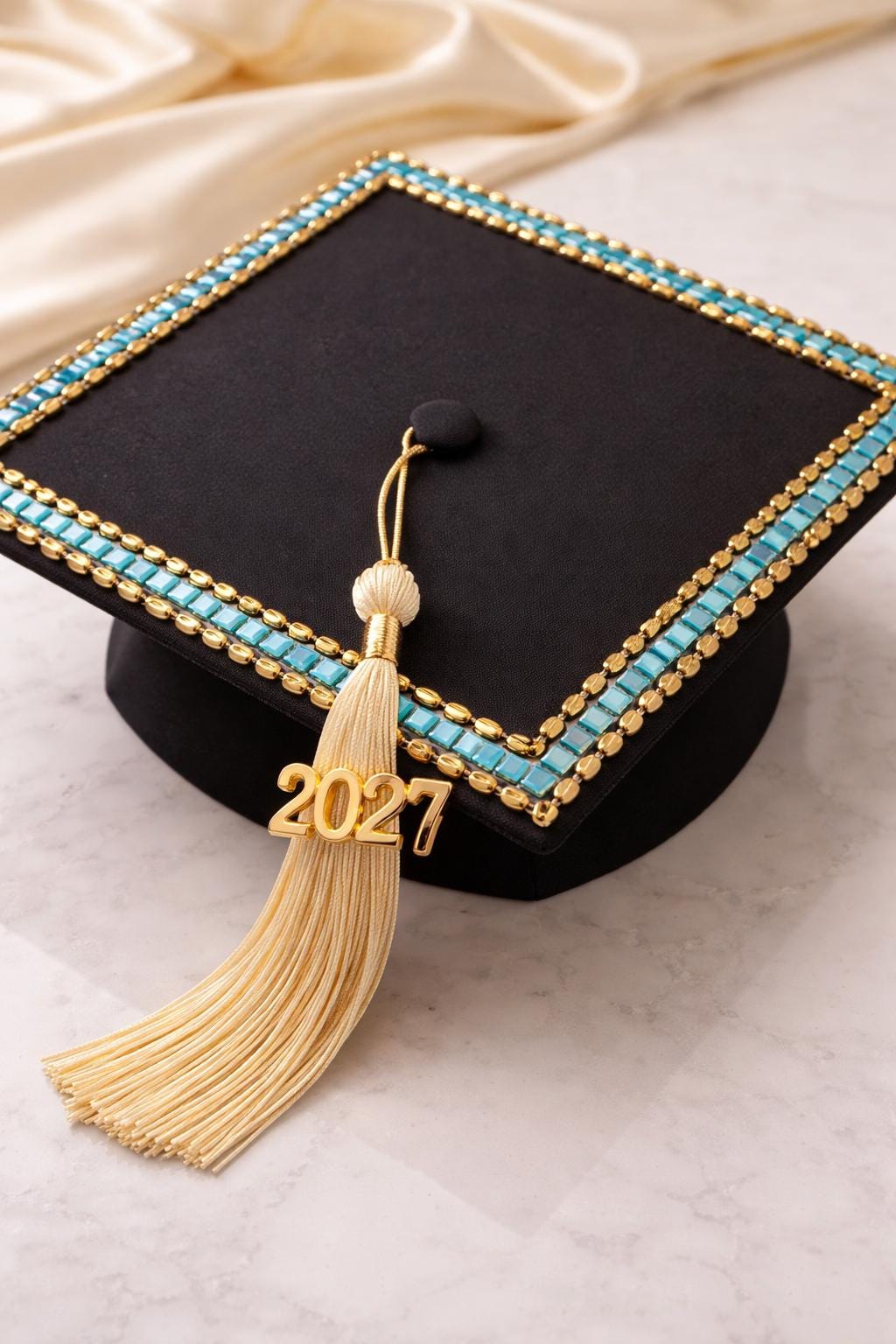 Turquoise Gold Beaded Trim by the Yard, Boho Rhinestone Embellishment, Designer Sewing Trim for Clothing, Bags, Accessories - Made in USA - Faraj Beading