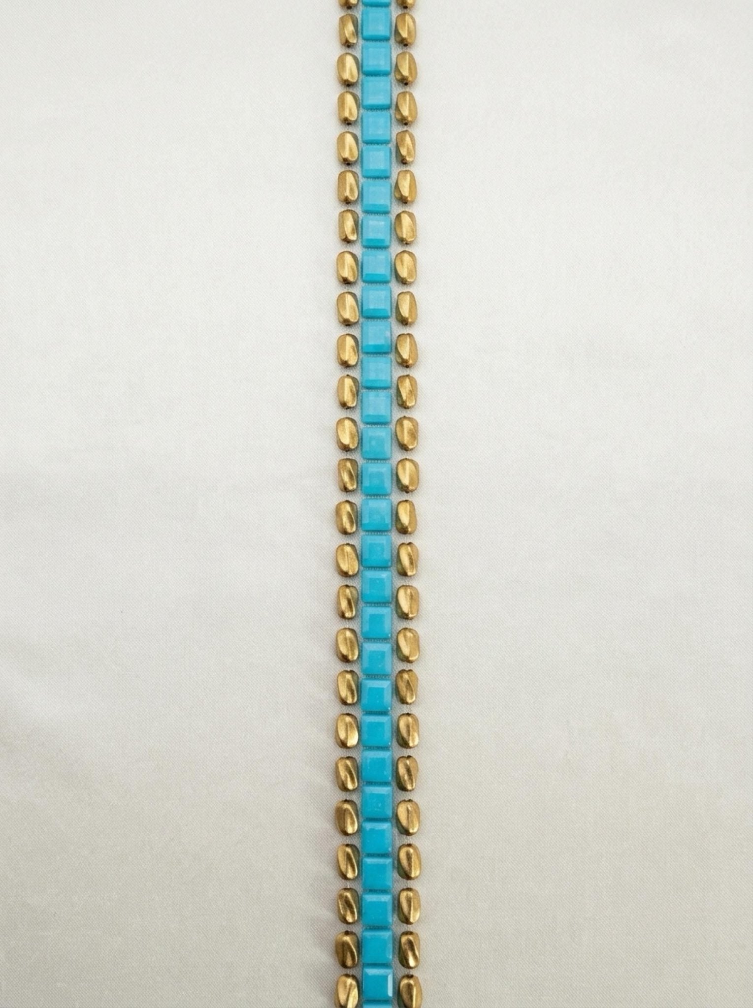 Turquoise Gold Beaded Trim by the Yard, Boho Rhinestone Embellishment, Designer Sewing Trim for Clothing, Bags, Accessories - Made in USA - Faraj Beading